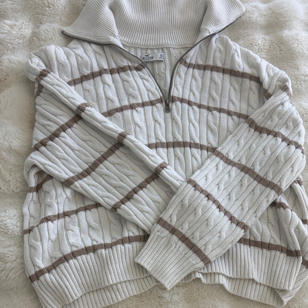 Hollister Cream Cable-Knit Half-Zip Sweater with Taupe Stripes